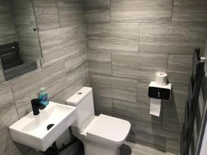 a bathroom with a white toilet and a sink at Self contained annex in the Vale of Belvoir in Bottesford