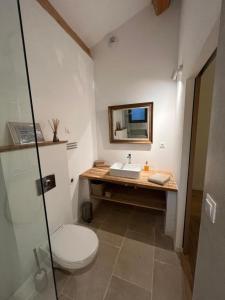 a bathroom with a white toilet and a sink at La Bergerie du Roy-Chambres D'hôtes- in Rognes