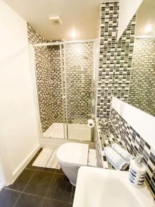a bathroom with a shower and a toilet and a sink at Blue Horizon Penthouse - amazing views + parking! in Newquay