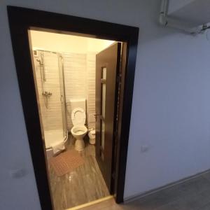 ein Bad mit einem WC und einer ebenerdigen Dusche in der Unterkunft Apartament Aosta Central Sinaia in Sinaia
