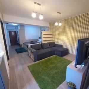 a living room with a couch and a television at Apartament Aosta Central Sinaia in Sinaia