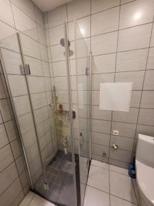 a shower stall in a bathroom with a toilet at Kiviõli Apartment in Kiviõli