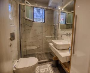 a bathroom with a toilet and a sink and a shower at Efi's little treasure! in Tríkala