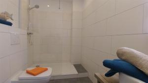 a white bathroom with a toilet and a shower at Rapsspeicher - Landlust Osterwarf in Norddeich