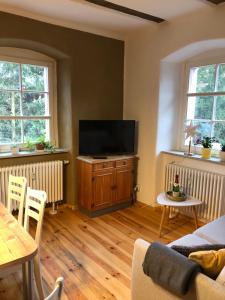 a living room with a couch and a television at Ferienwohnung "Altes Schloss Wilhelmsfeld" in Eselsberg