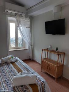 a bedroom with a bed and a flat screen tv at B&B La Rocca in Caprarola