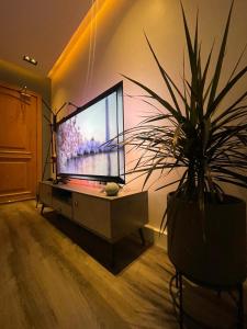 a living room with a flat screen tv and a potted plant at صممت للاسترخاء in Riyadh
