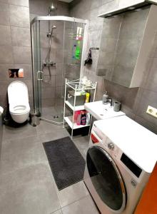 a bathroom with a washing machine and a shower at Cozy Palanga in Palanga