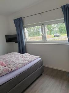ein Schlafzimmer mit einem Bett und einem großen Fenster in der Unterkunft Ferienhaus mit privatem Seezugang, Sauna, Strand, Wassersport, Ruderboot, Stand Upp in Barßel
