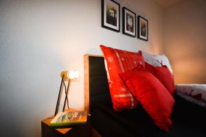 a bedroom with a bed with red pillows on it at BLACKFOXREST Ferienwohnung in Feldberg