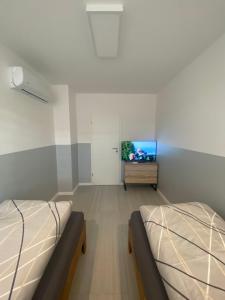 duas camas num quarto com uma televisão na parede em Ferienwohnung H&M Immobilien - Geiseltalsee em Braunsbedra