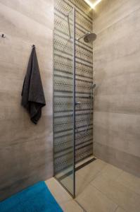 um chuveiro com uma porta de vidro na casa de banho em Luxury Quentin Apartment 3 BEDRM, 2 BATHRM em Budapeste