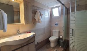 a bathroom with a sink and a toilet and a shower at Evina Rooms & Suites in Kokkíni Khánion