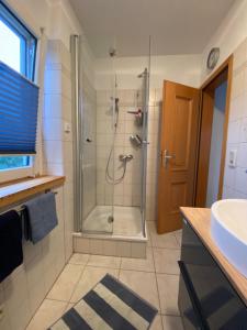 a bathroom with a shower with a glass door at Elbinsel-Home ‘Alpakaliebe’ in Hamburg