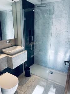 y baño con ducha, aseo y lavamanos. en Large luxury Penthouse with free parking garage, en Londres