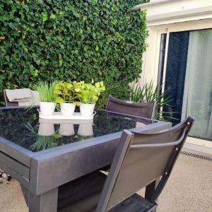 une table avec quatre pots de plantes dans l'établissement Studio indépendant dans villa, parking gratuit., à Castelnau-le-Lez