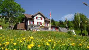 una casa en una colina con un campo de flores amarillas en Gasthaus Schwand, en Engelberg