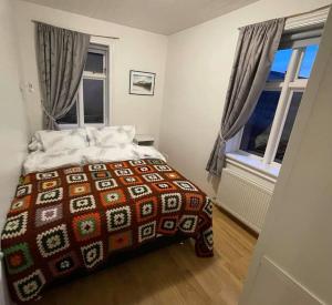 a bedroom with a bed and two windows at Tanginn in Stykkishólmur