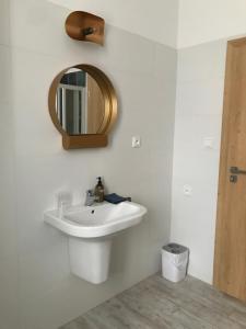een badkamer met een witte wastafel en een spiegel bij LIP no.15 in Lipno nad Vltavou