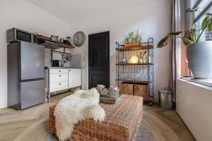 - un chat blanc assis sur une chaise dans le salon dans l'établissement Knus appartement in sneek, à Sneek