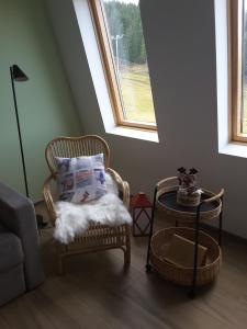 パレにあるApartman LeDa - Ski centar Ravna Planina Gornje Paleの椅子とテーブル、窓が備わる客室です。
