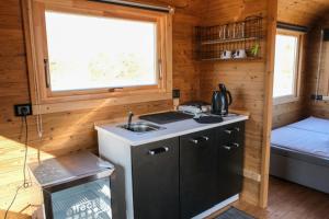 a kitchen in a tiny house with a sink and a window at Dünencamping Amrum in Wittdün