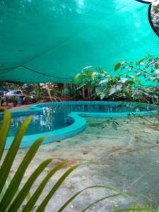 a swimming pool with an umbrella in a resort at Paradise Vana Vilasa Homestay with Swimming pool in Auroville