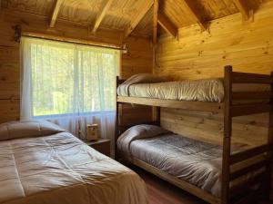 1 dormitorio con 2 literas en una cabaña de madera en Cabañas Alto Puelo Patagonia Verde, en Puelo