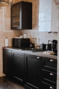 une cuisine avec des armoires noires et un four micro-ondes dans l'établissement LA SALLE DES SORTILÈGES, à Perpignan