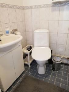 a bathroom with a white toilet and a sink at Cosy studio apartment near by Ideapark in Lempäälä