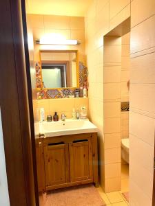 a bathroom with a sink and a mirror at 70m2 Romantic Living in the Old Town with Garden in Bratislava