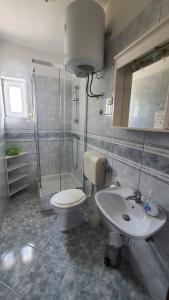 e bagno con servizi igienici, doccia e lavandino. di Apartments Irena a Božava