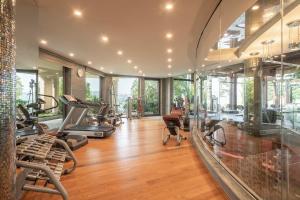 an indoor gym with treadmills and elliptical machines at Il Boscareto Resort & Spa in Serralunga d'Alba