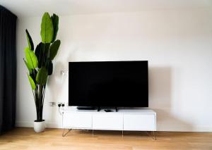 a flat screen tv on a white cabinet with a plant at Lavish 2 Bedroom Apartment in Colindale