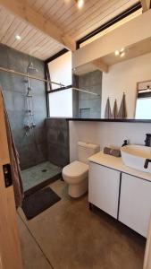 een badkamer met een toilet, een wastafel en een douche bij Casa Blanca Fundo Duao in Iloca