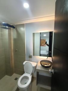 a bathroom with a toilet and a sink and a mirror at Hotel Santo Tomas Bogota in Bogotá
