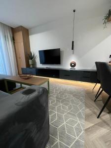 ein Wohnzimmer mit einem Sofa und einem TV an der Wand in der Unterkunft Luxury by The Lake Ap 25 in Sibiu
