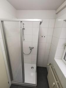 una doccia con porta in vetro in bagno di Ferdimesse Apartments 2 a Colonia