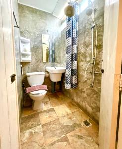 La salle de bains est pourvue de toilettes, d'un lavabo et d'une douche. dans l'établissement UDEE Cozy Hotel, à Chiang Mai
