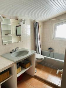 a bathroom with a sink and a tub and a toilet at Studio de 40m2 au pieds des pistes in Péone