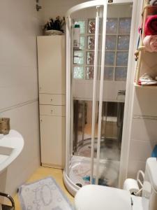 La salle de bains est pourvue d'une douche en verre. dans l'établissement Piso Céntrico Vigo 6 pax Lola, à Vigo