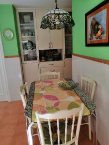 una mesa y sillas en una cocina con una pared verde en Piso Céntrico Vigo 6 pax Lola, en Vigo