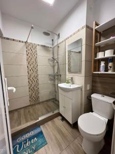 ブカレストにあるFirst Studioのトイレ、洗面台、シャワー付きのバスルーム