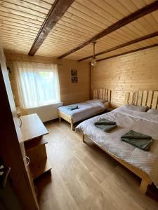 a room with two beds and a window in it at Cabană la poalele munților cu ciubăr in Jieţ