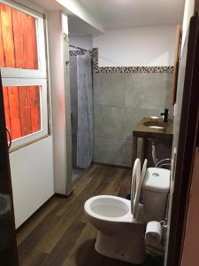 a bathroom with a toilet and a shower at Cabaña de madera para 4 personas in Playa Hermosa