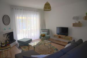 uma sala de estar com um sofá e uma televisão em Arsinoe Luxury Villa em Salamina