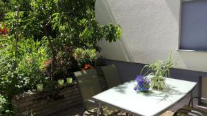 una mesa blanca y sillas con plantas. en beim Holzwurm Andy, en Sankt Leonhard im Pitztal