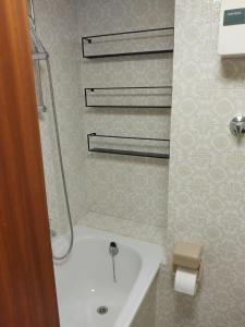 a bathroom with a shower and a white sink at Kati Appartement in Bad Hönningen