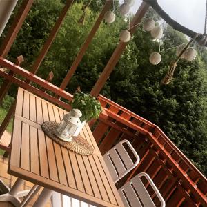 a potted plant sitting on a table on a deck at MySchluchseehome Gemütliche Ferienwohnung mit Südbalkon und Pool im Haus in Schluchsee +16 photos