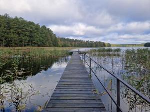 a wooden bridge over a body of water at Blue Lake House in Lekarty